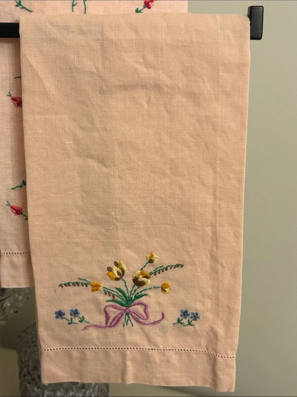 Vintage pink embroidered tea towels
